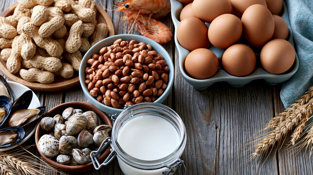 Flat-lay composition of common food allergens including peanuts, eggs, milk, shellfish and wheat arranged on a wooden table, food allergy awareness, allergen identification,