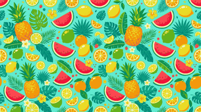 Vibrant tropical fruit seamless pattern with pineapples watermelons