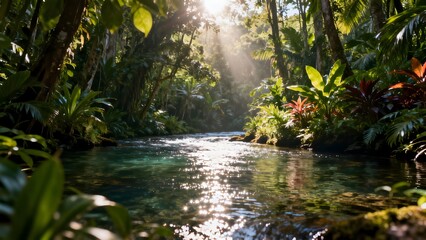 Fototapeta premium Sunlit river in dense jungle