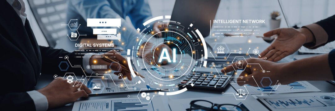 AI digital systems and intelligent network background for technology presentation. AI automation, analytics, AI security, AI innovation connecting business and data services. Corpus