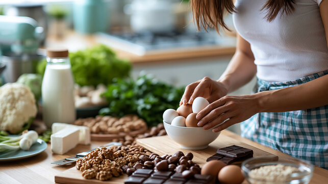 Faceless woman in her kitchen carefully avoiding common food allergens such as fish, seafood, dairy, peanuts, tree nuts, eggs, chocolate, wheat and citrus, elimination diet
