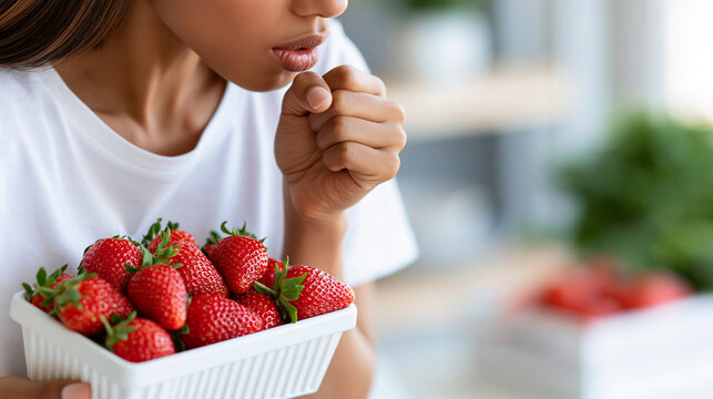 Faceless young woman holding a punnet of strawberries while coughing into her fist, allergy concern and discomfort, fruit allergy reaction, with copy space