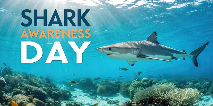 Shark Awareness Day poster with ocean predator swimming in tropical sea