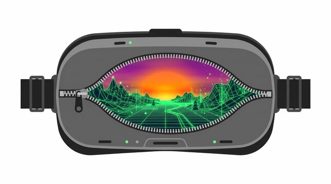 VR headset with unzipped front showing retro synthwave virtual landscape