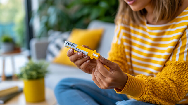 Faceless woman holding an EpiPen auto-injector at home, anaphylaxis emergency preparedness, severe food allergy treatment concept, with copy space
