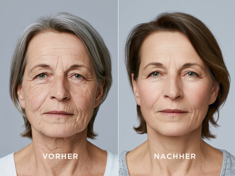  Vorher-Nachher-Vergleich einer reifen Frau. Split-Screen Portr&auml;t mit tiefen Falten und verj&uuml;ngtem, gestrafftem Gesicht nach einem Facelift, Lidstraffung oder Sch&ouml;nheitschirurgie
