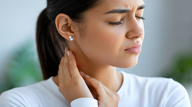 Close-up of a faceless young woman scratching an itchy, red rash on her neck, skin irritation from insect bites, dermatitis or food and drug allergies, dry skin health concept,