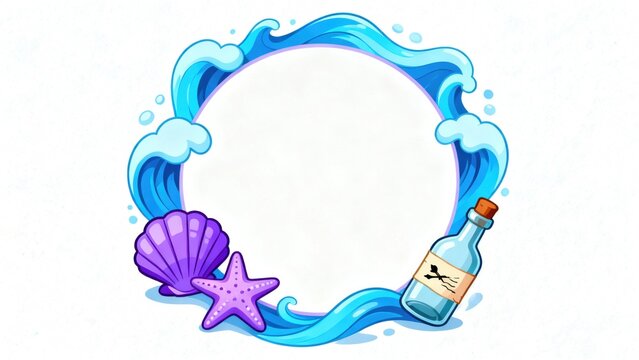 Ocean themed frame with seashells and bottle