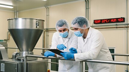 Naklejka premium Two industrial technicians in white lab coats and hairnets reviewing data on a clipboard next to a large stainless steel processing machine in a food manufacturing plant