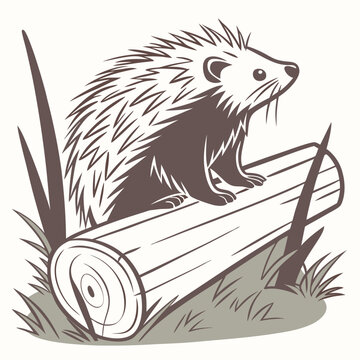 North American Porcupine Sitting Calmly on a Wooden Log Vector Illustration for Wildlife Art and Design