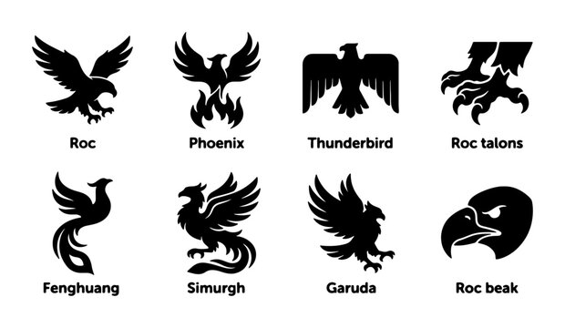 Mythical Bird Icons: Phoenix, Thunderbird, Garuda, Roc, Simurgh, Fenghuang, 8 Vector Graphics