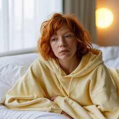 Fototapeta premium Redhead woman in yellow hoodie sitting on bed in soft natural light for cozy lifestyle background and relaxed interior banner