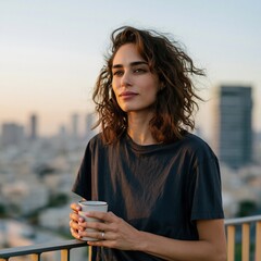 Obraz premium Woman on rooftop balcony holding a coffee cup at sunrise with urban skyline for lifestyle background and wellness poster design