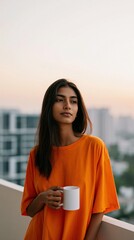 Obraz premium Contemplative young woman on balcony with coffee mug at sunrise for calm background and lifestyle banner design