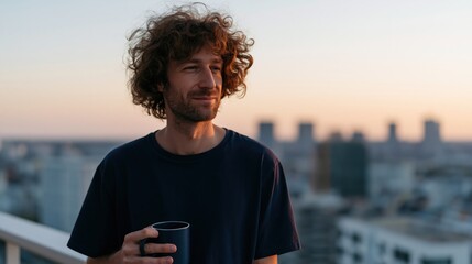 Obraz premium Young man with curly hair holding a coffee mug on a rooftop at golden hour overlooking city skyline for lifestyle background and banner use
