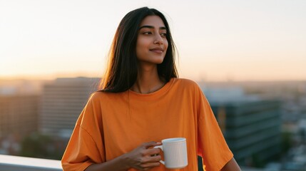 Obraz premium Woman on rooftop holding white coffee mug during golden hour with city skyline for lifestyle background and urban banner