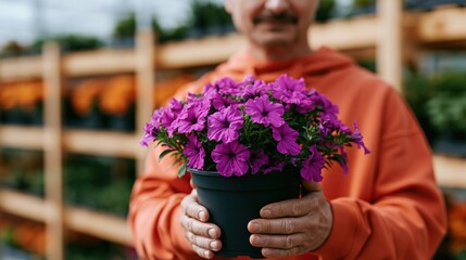 Closeup of hands holding purple petunia pot in nursery for garden banner design and retail display background