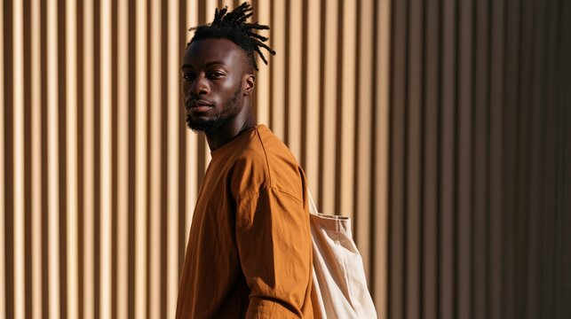 Stylish young man portrait in rust jacket with canvas backpack against corrugated wall for urban background and banner design