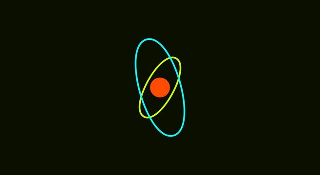 Minimalist atom model animation with rotating orbital rings on animation black background