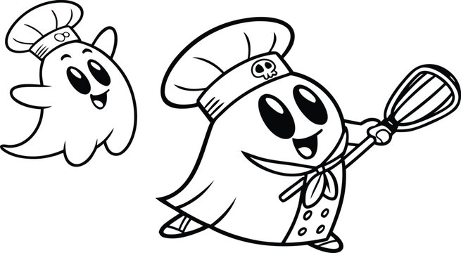 Two cute kawaii ghosts wearing chef hats and baking