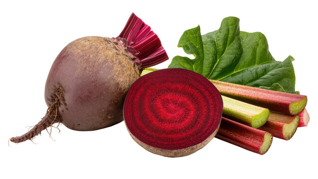 Isolated fresh raw organic beetroot sliced with vibrant green leaves and red rhubarb stalks
