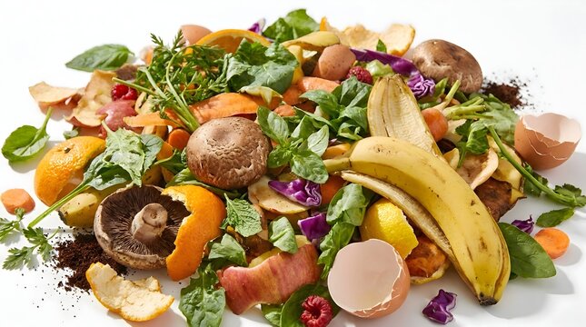 Pile of biodegradable organic kitchen waste with eggshells, banana peel, and mushroom stems isolated on a white background, representing sustainability and home composting practices.