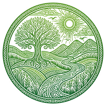 Intricate green mandala pattern with floral and leaf designs.