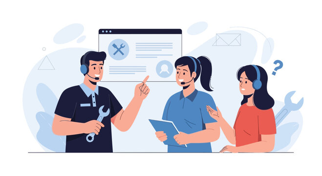 Diverse customer support team collaborating on technical solutions with a headset and wrench