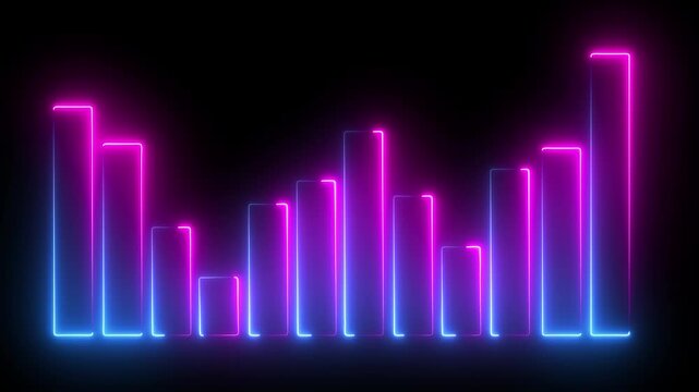 4k neon line Business bar chart with dip then strong upward recovery, Business growth concept in graph chart showing marketing sales profit increasing to future target . growing business