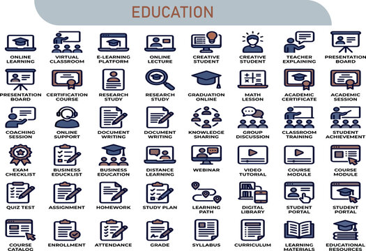 E-Learning and Education Icon Set: Online Classes, Virtual Classroom, Graduation, Training, and Knowledge Sharing. Perfect for Websites and Apps