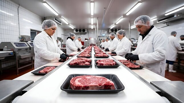Industrial food production workers in white protective coats and hairnets packaging raw beef steaks into black trays on a white conveyor belt in a sterile meat processing facility