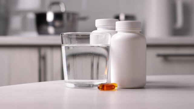 Stylish Presentation Of Health Supplement Containers With Emphasis On Safety And Organization. Omega 3