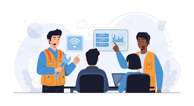 Diverse team collaborating on technical project, analyzing data on screen, using WiFi and tools for support and development