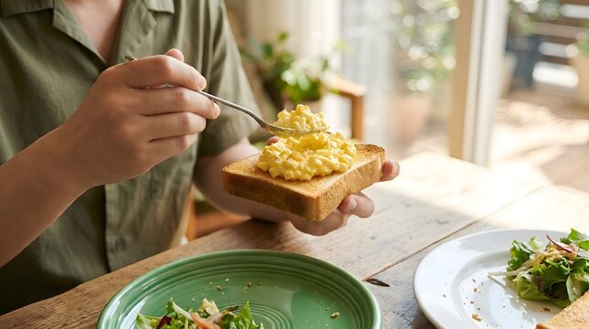 Healthy breakfast preparation featuring a person adding creamy egg salad to a slice of toasted bread with a fork beside a fresh green garden salad on a wooden table in a sunny home