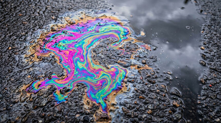 Fototapeta premium Colorful oil slick creating rainbow patterns on wet asphalt pavement