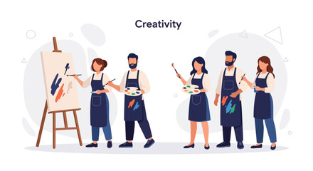 Obraz premium Diverse group of artists painting and collaborating in a studio, showcasing creativity and teamwork.