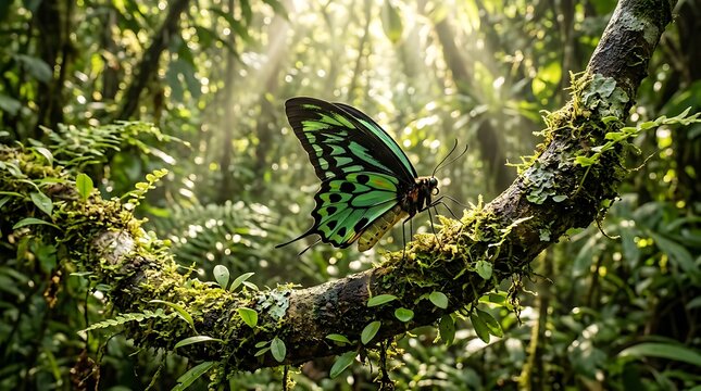 Vibrant green butterfly perched on mossy branch in sunlit jungle