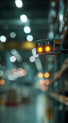 Naklejka premium High-tech AMR sensors and electronic components, depth of field in a busy logistics warehouse, Generative AI illustrations.