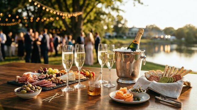 Outdoor Summer Evening Party Celebration with Champagne Flutes, Appetizers Charcuterie Board, and Guests by Lake at Sunset for Luxury Event Catering