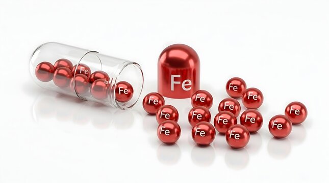 3D render of an open red medical capsule spilling shiny red metallic spheres marked with Fe symbol on a white background representing iron supplements and mineral health nutrition