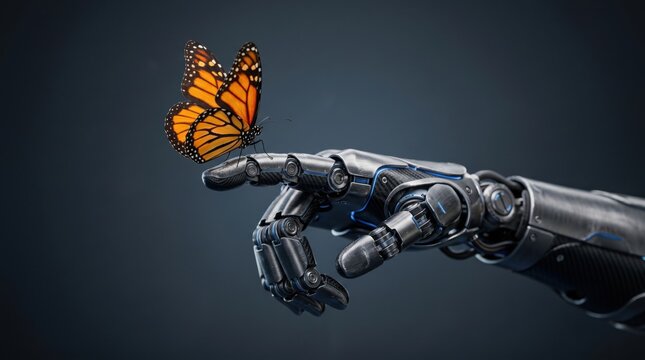 Futuristic robot hand with organic monarch butterfly on index finger concept of artificial intelligence harmony with nature and future biotechnology