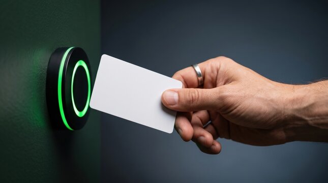 Hand with ring holding blank proxy card near round security reader terminal showing green light for access granted and unlocked office door entrance