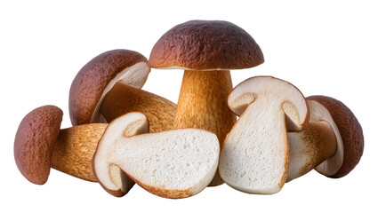Isolated fresh porcini mushrooms, whole and sliced, delicious boletus edulis, healthy edible fungus. © Ioana