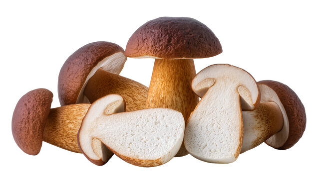 Isolated fresh porcini mushrooms, whole and sliced, delicious boletus edulis, healthy edible fungus.