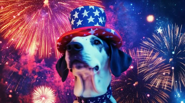 Dalmatian dog wearing patriotic hat with fireworks