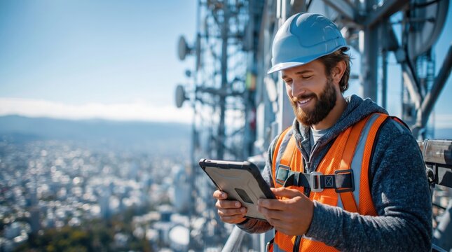 Smiling Telecommunication Engineer in Hardhat and Safety Vest Using Digital Tablet on Mobile Antenna Tower with Blurred Cityscape Background