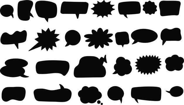 Collection of black silhouette speech bubbles and comic book style text frames on white background