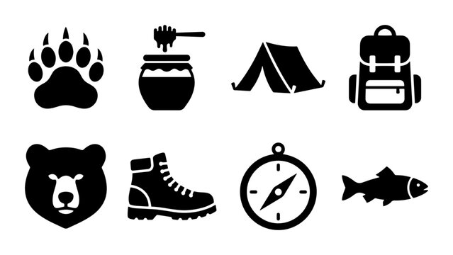 Outdoor Adventure Icons: Bear Paw, Honey Pot, Tent, Backpack, Bear Face, Boot, Compass, Fish