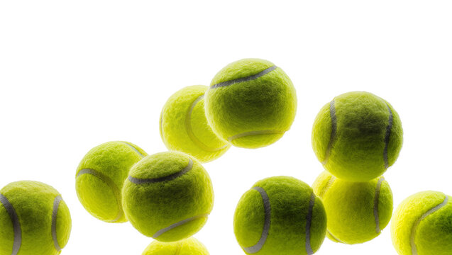 Isolated vibrant green tennis balls arranged creatively with subtle reflections