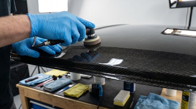 Detailing a car with a polishing machine, automotive care and surface refinement